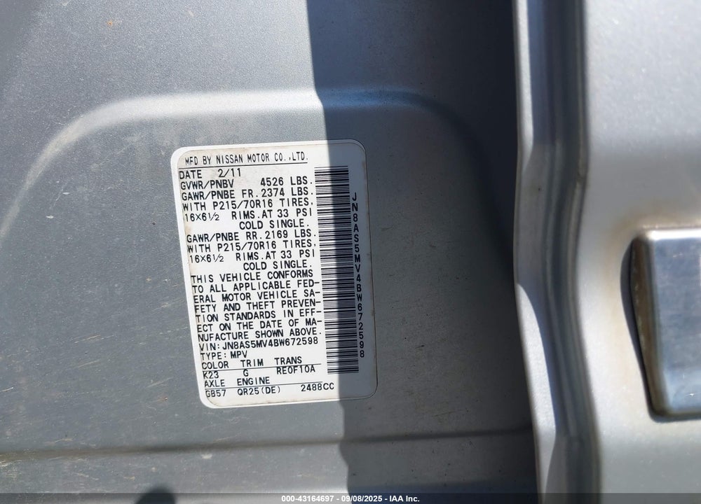 2011 NISSAN ROGUE VIN: JN8AS5MV4BW672598
