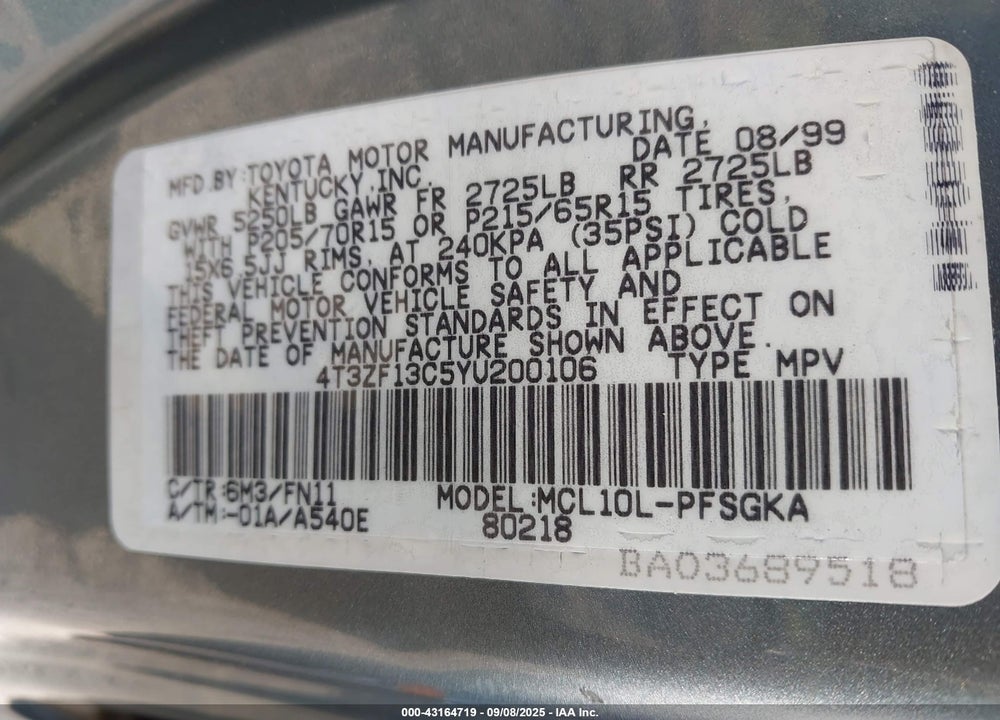 2000 TOYOTA SIENNA LE VIN: 4T3ZF13C5YU200106