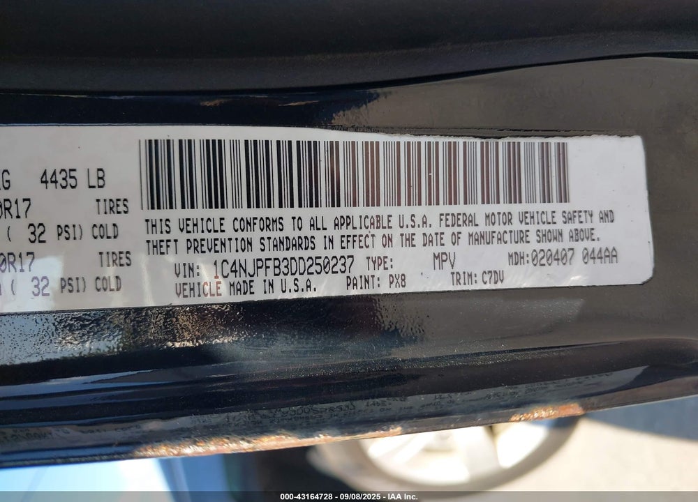 2013 JEEP PATRIOT LATITUDE VIN: 1C4NJPFB3DD250237