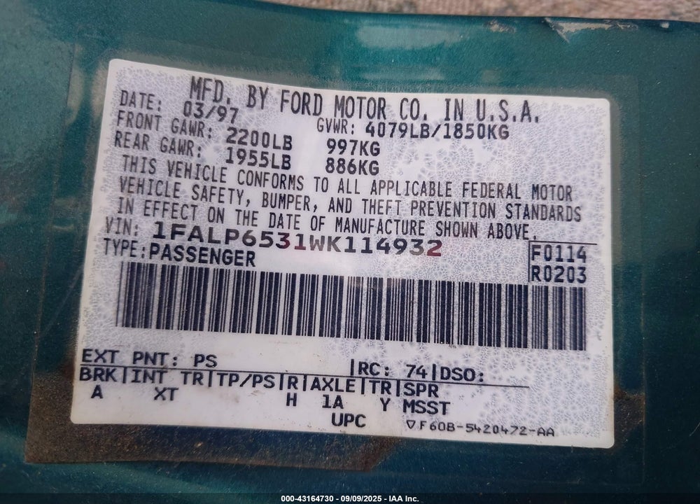 1998 FORD CONTOUR VIN: 1FALP6531WK114932