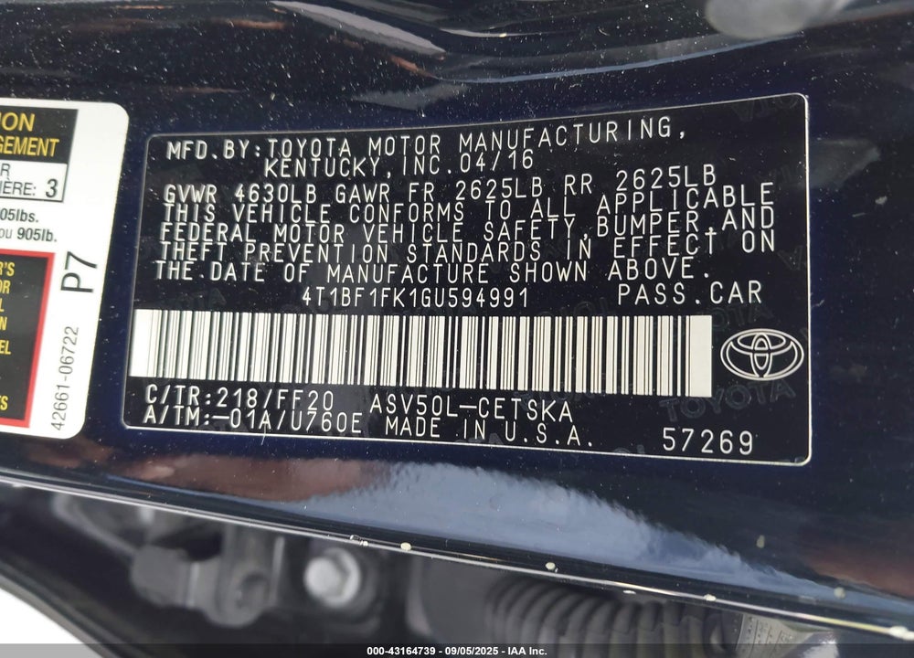 2016 TOYOTA CAMRY VIN: 4T1BF1FK1GU594991