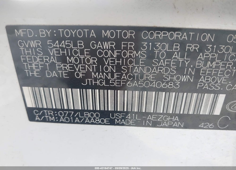 2010 LEXUS LS 460 VIN: JTHGL5EF6A5040683