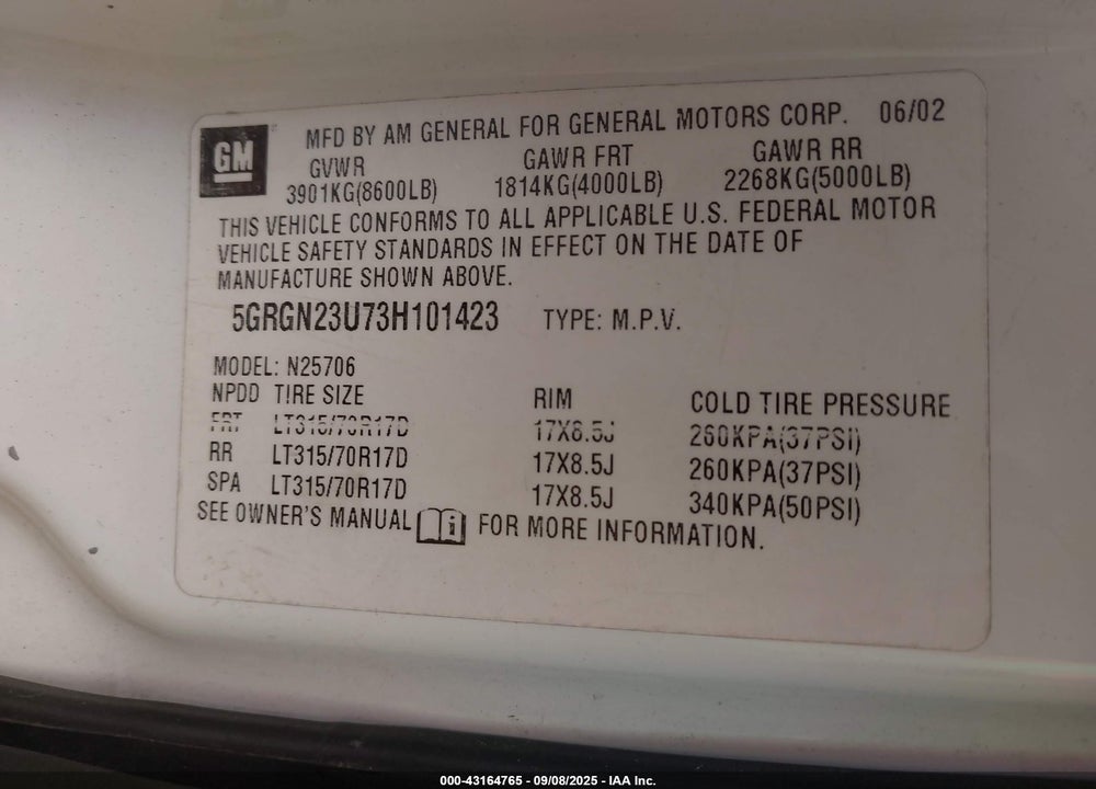 2003 HUMMER H2 VIN: 5GRGN23U73H101423