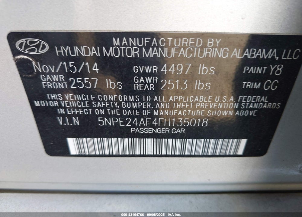 2015 HYUNDAI SONATA VIN: 5NPE24AF4FH135018