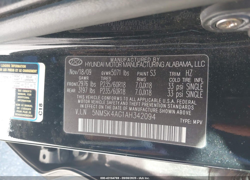 2010 HYUNDAI SANTA FE LIMITED V6 VIN: 5NMSK4AG1AH342094