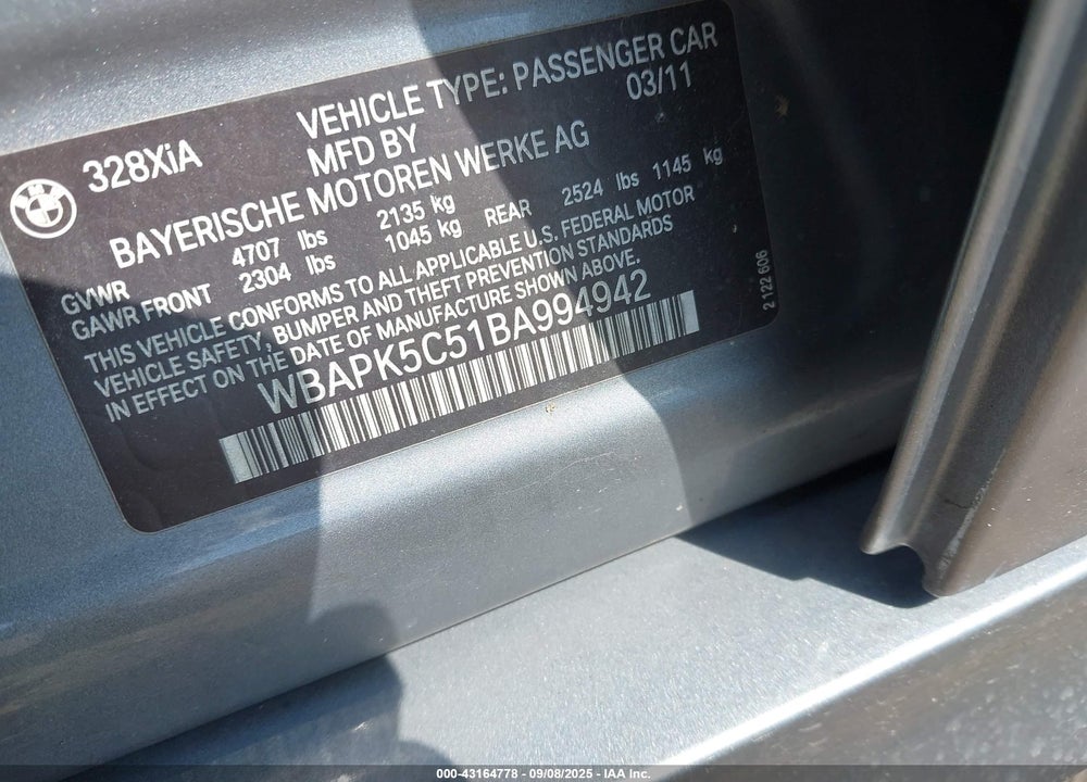2011 BMW 3 SERIES VIN: WBAPK5C51BA994942
