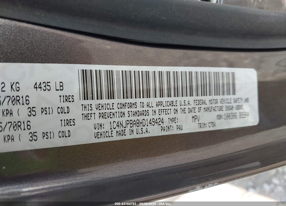 2017 JEEP PATRIOT VIN: 1C4NJPBA8HD149424