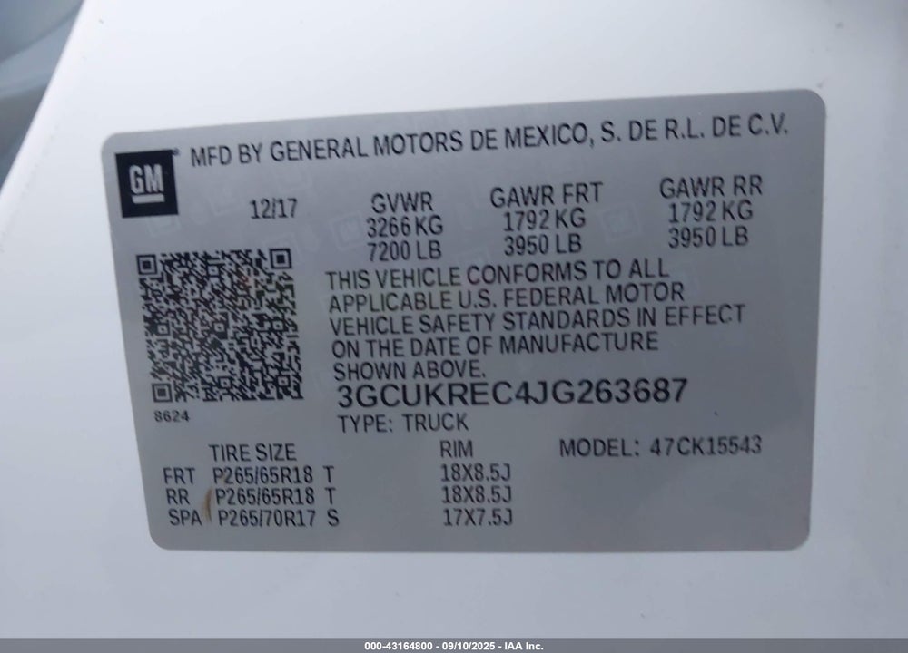 2018 CHEVROLET SILVERADO 1500 VIN: 3GCUKREC4JG263687