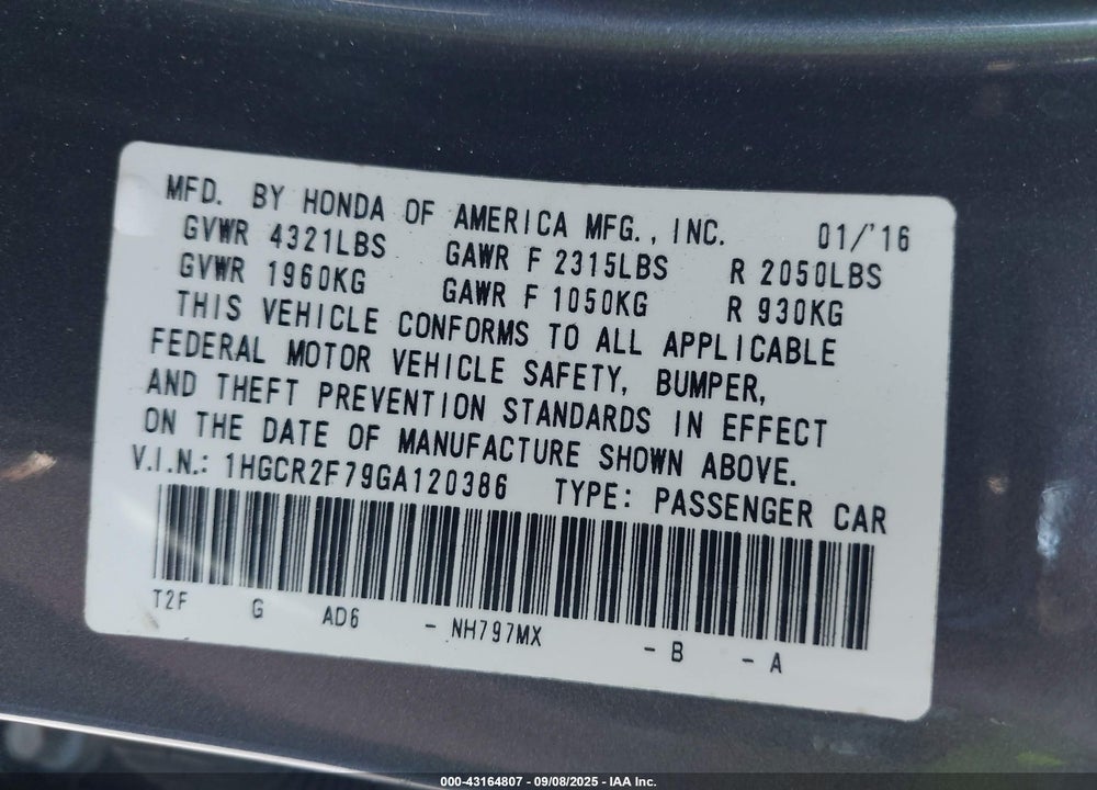 2016 HONDA ACCORD VIN: 1HGCR2F79GA120386