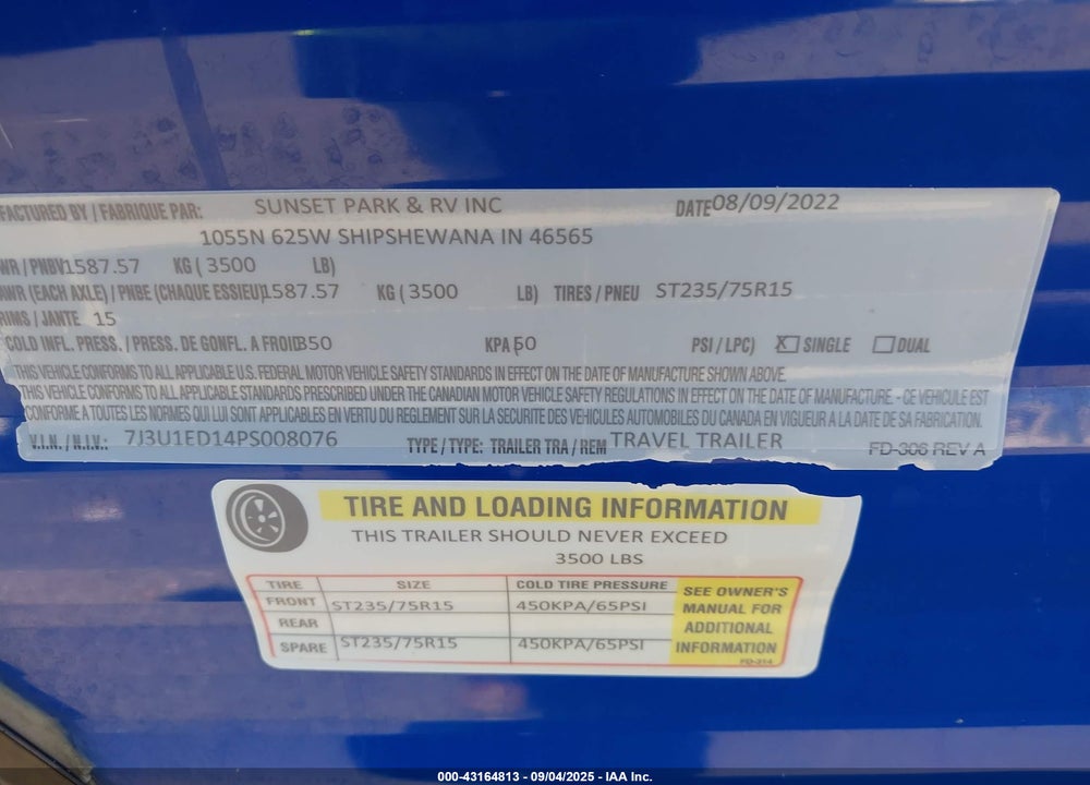 2023 SUN LITE TRAILER VIN: 7J3U1ED14PS008076