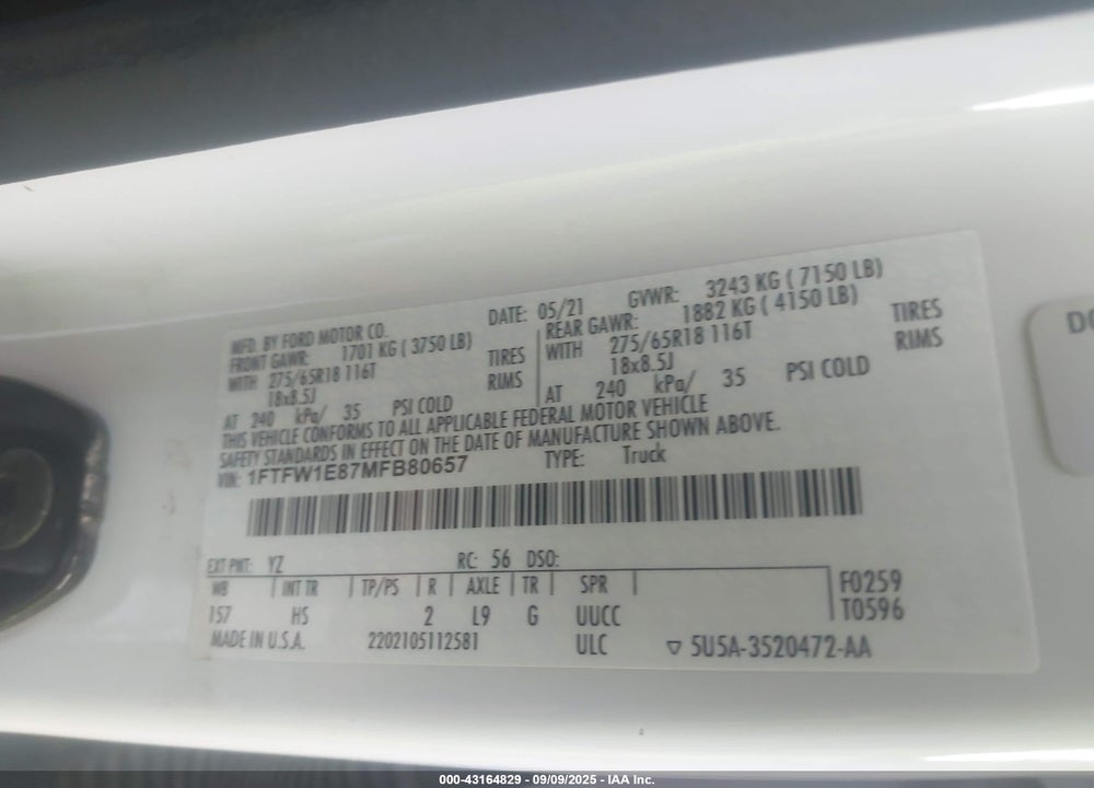2021 FORD F-150 VIN: 1FTFW1E87MFB80657