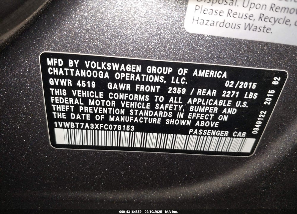 2015 VOLKSWAGEN PASSAT VIN: 1VWBT7A3XFC076153