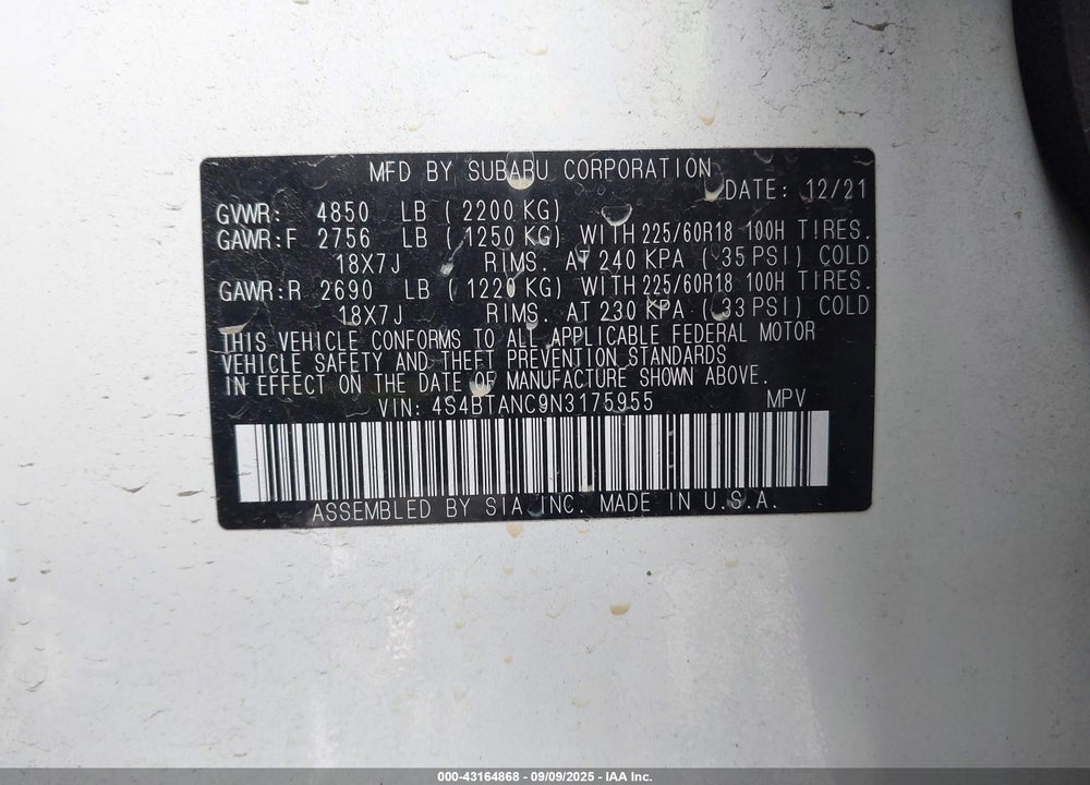 2022 SUBARU OUTBACK VIN: 4S4BTANC9N3175955