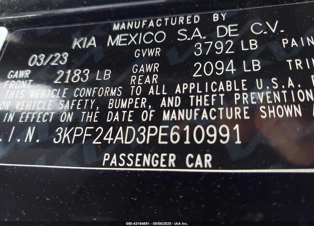 2023 KIA FORTE VIN: 3KPF24AD3PE610991