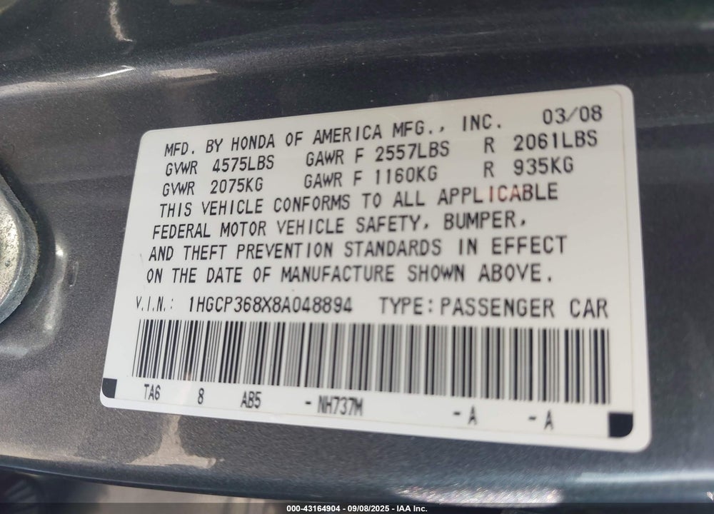 2008 HONDA ACCORD 3.5 EX-L VIN: 1HGCP368X8A048894