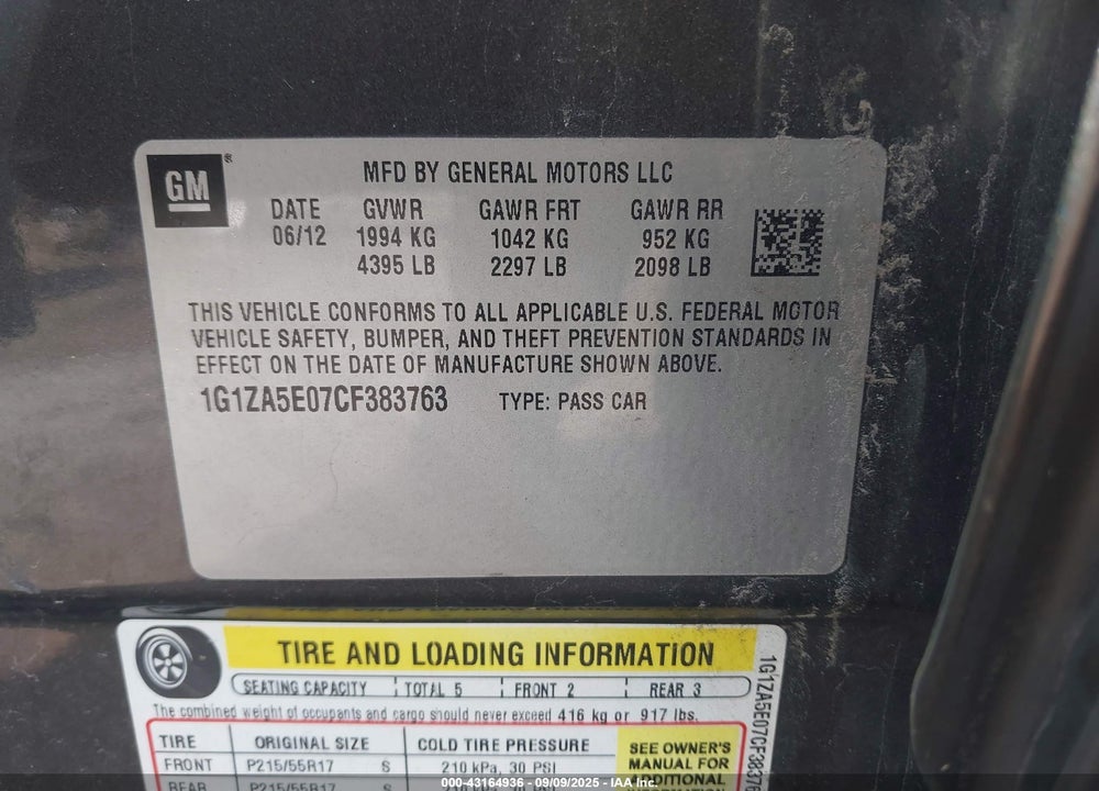 2012 CHEVROLET MALIBU VIN: 1G1ZA5E07CF383763