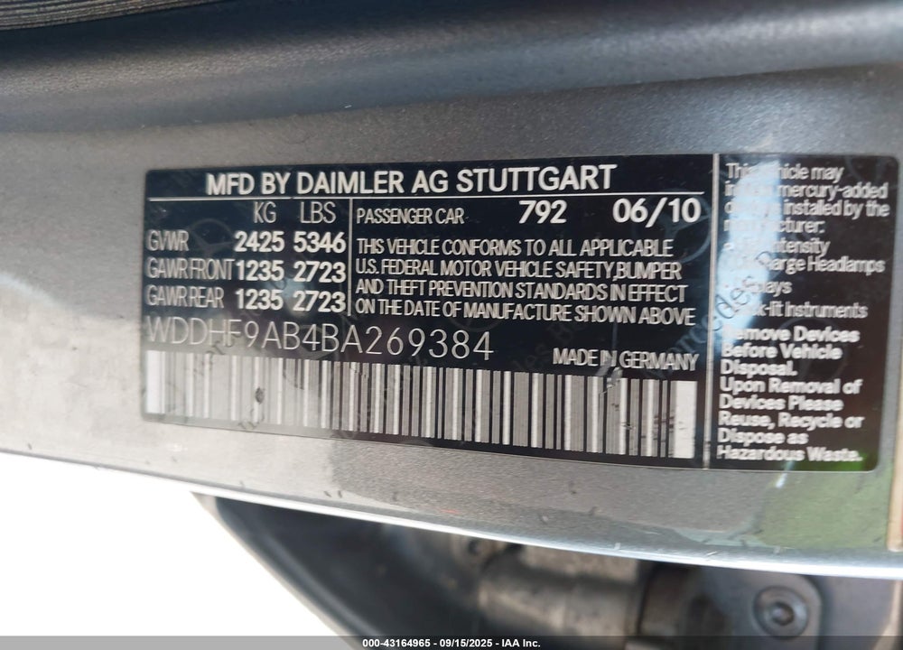 2011 MERCEDES-BENZ E-CLASS VIN: WDDHF9AB4BA269384