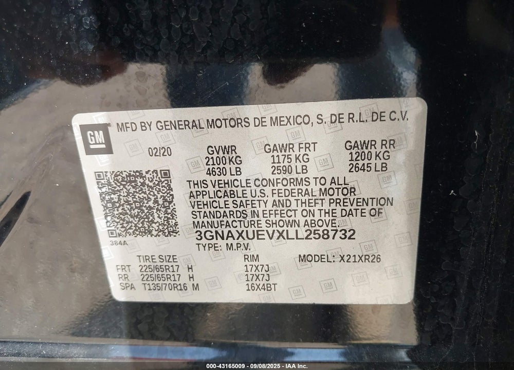2020 CHEVROLET EQUINOX VIN: 3GNAXUEVXLL258732