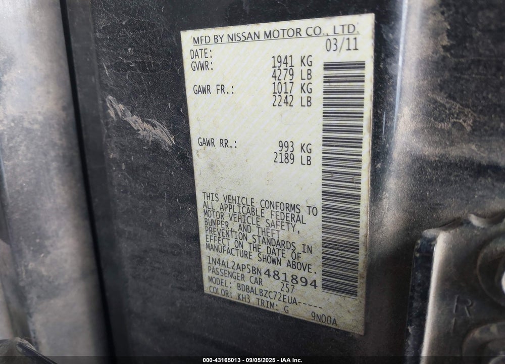 2011 NISSAN ALTIMA VIN: 1N4AL2AP5BN481894