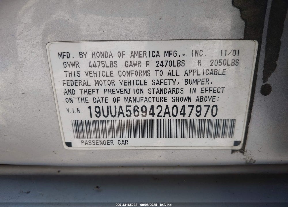 2002 ACURA TL 3.2 TYPE S VIN: 19UUA56942A047970