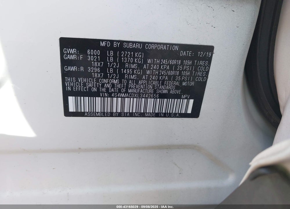 2020 SUBARU ASCENT VIN: 4S4WMACDXL3442656