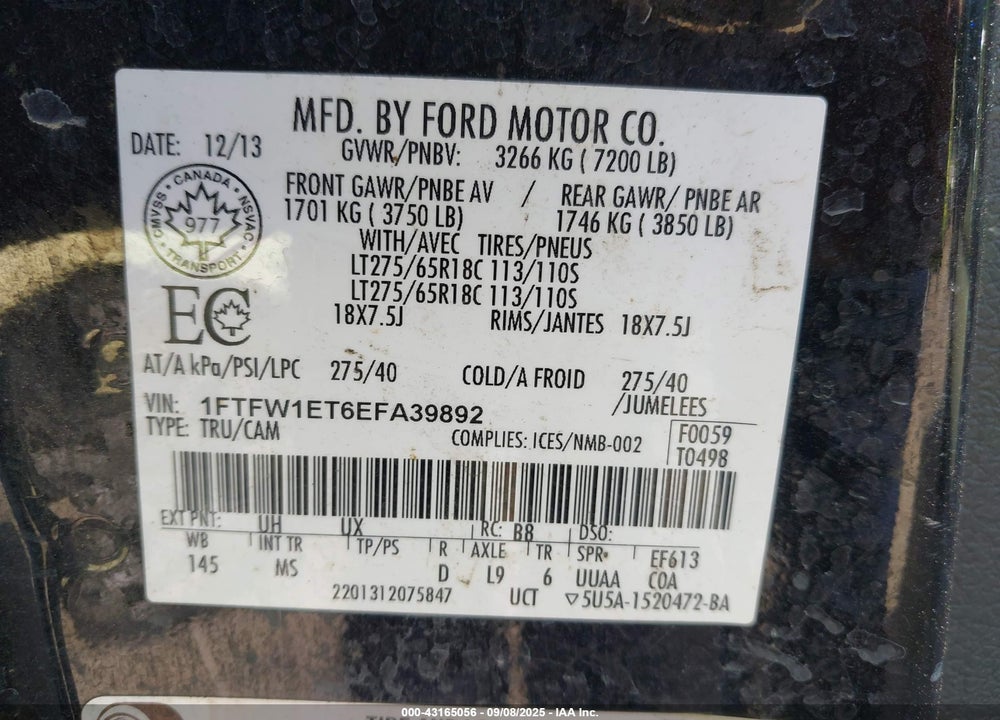 2014 FORD F-150 VIN: 1FTFW1ET6EFA39892