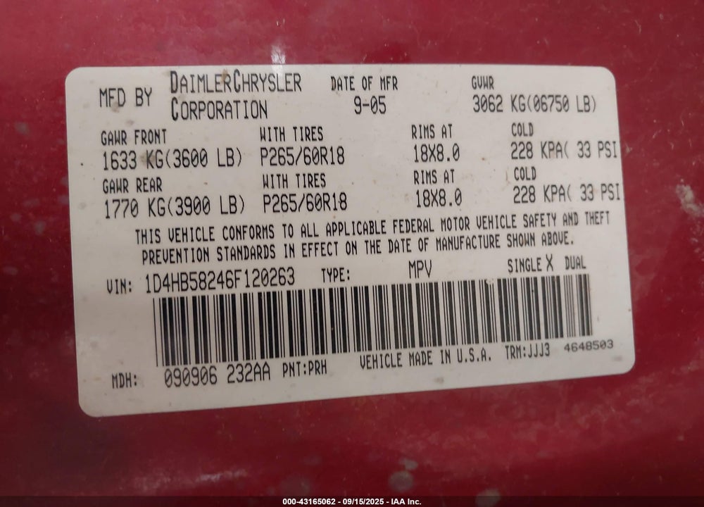 2006 DODGE DURANGO LIMITED VIN: 1D4HB58246F120263