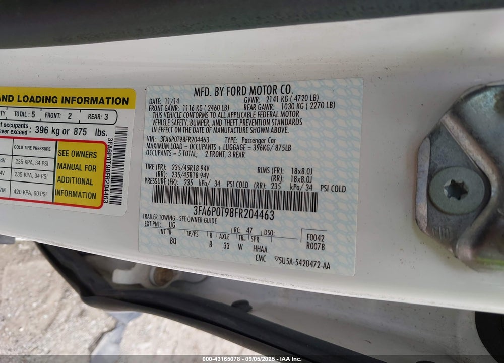 2015 FORD FUSION VIN: 3FA6P0T98FR204463