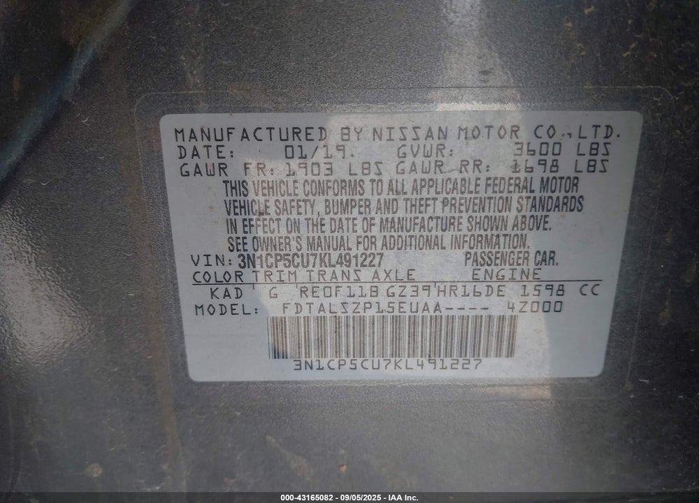 2019 NISSAN KICKS VIN: 3N1CP5CU7KL491227