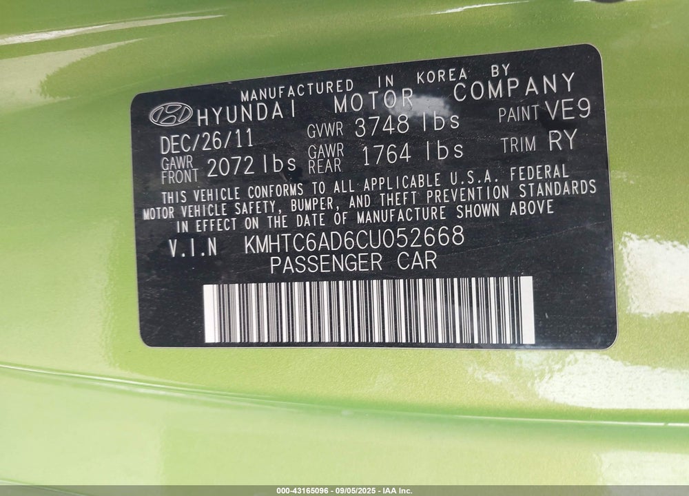 2012 HYUNDAI VELOSTER BASE W/BLACK VIN: KMHTC6AD6CU052668