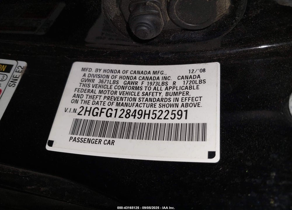2009 HONDA CIVIC VIN: 2HGFG12849H522591