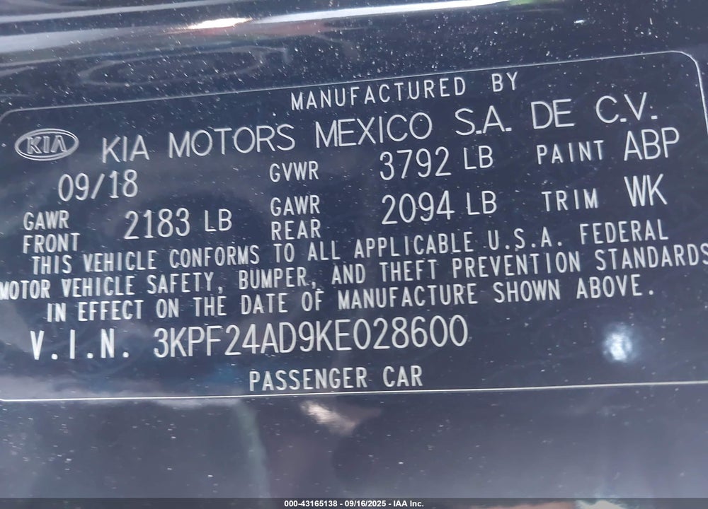 2019 KIA FORTE LXS VIN: 3KPF24AD9KE028600