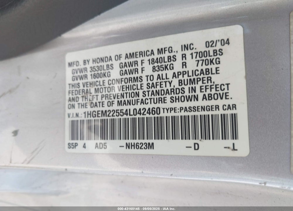 2004 HONDA CIVIC LX VIN: 1HGEM22554L042460