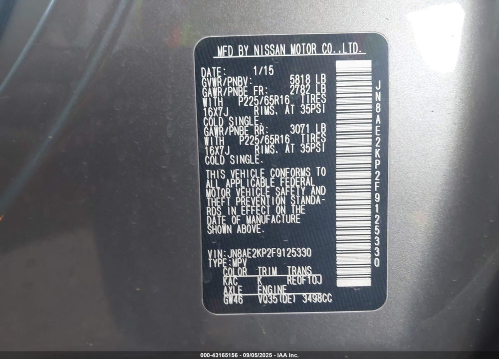 2015 NISSAN QUEST SV VIN: JN8AE2KP2F9125330