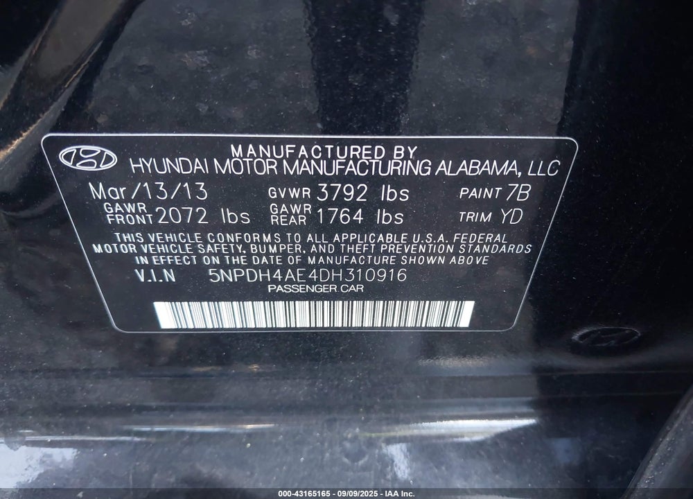 2013 HYUNDAI ELANTRA VIN: 5NPDH4AE4DH310916