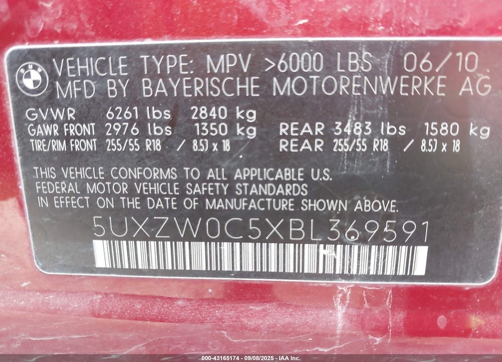 2011 BMW X5 VIN: 5UXZW0C5XBL369591
