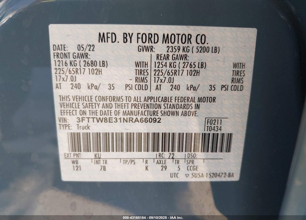 2022 FORD MAVERICK VIN: 3FTTW8E31NRA66092