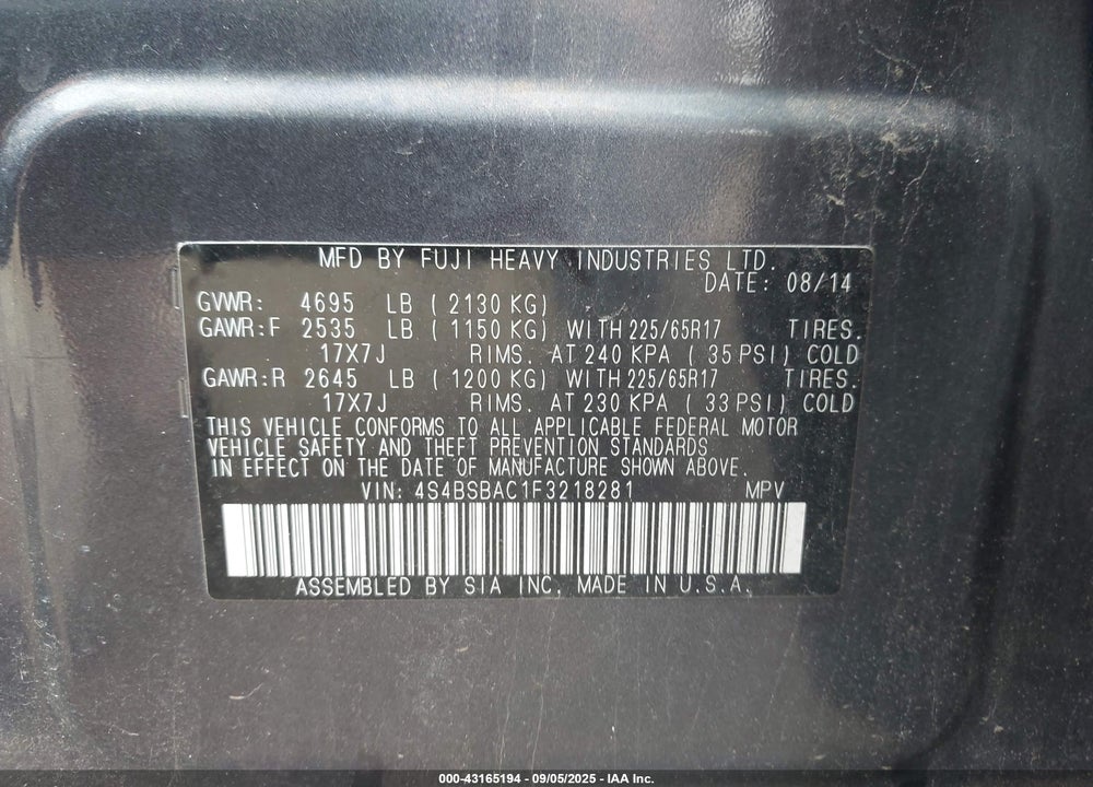 2015 SUBARU OUTBACK VIN: 4S4BSBAC1F3218281