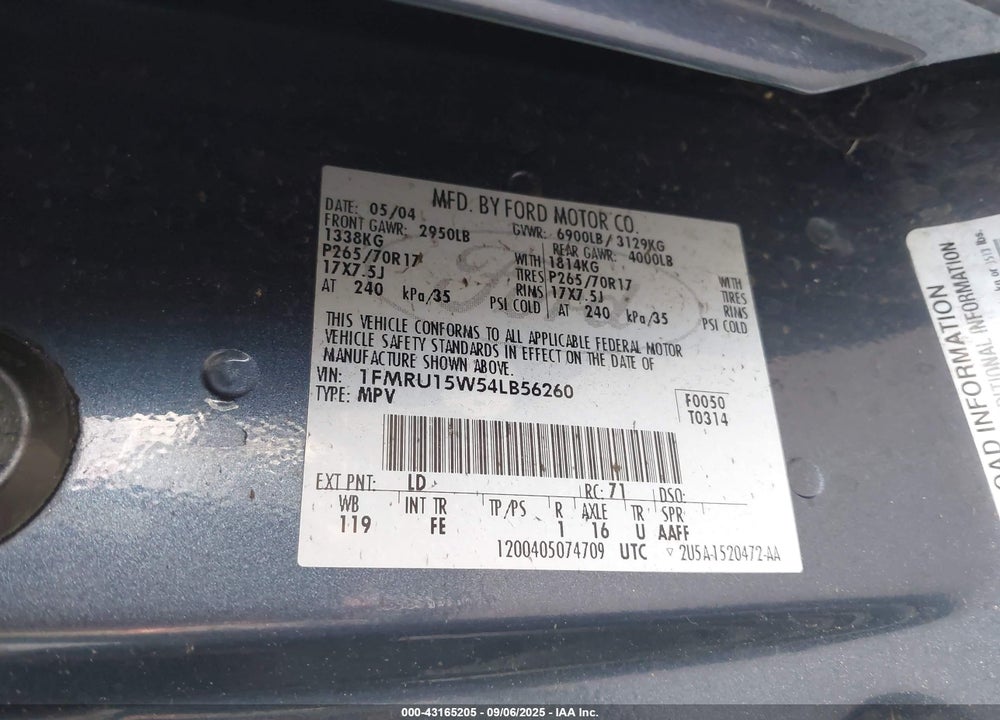2004 FORD EXPEDITION XLT VIN: 1FMRU15W54LB56260