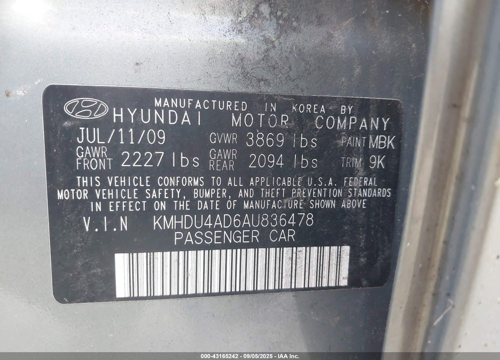 2010 HYUNDAI ELANTRA VIN: KMHDU4AD6AU836478