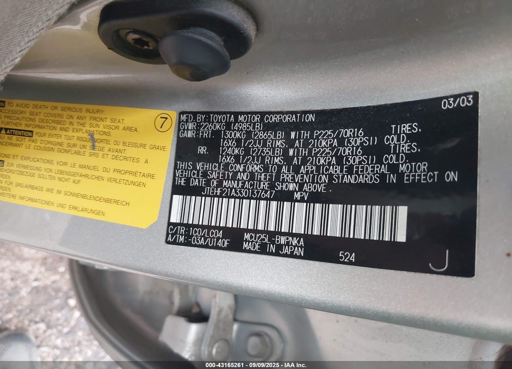 2003 TOYOTA HIGHLANDER LIMITED VIN: JTEHF21A330137647