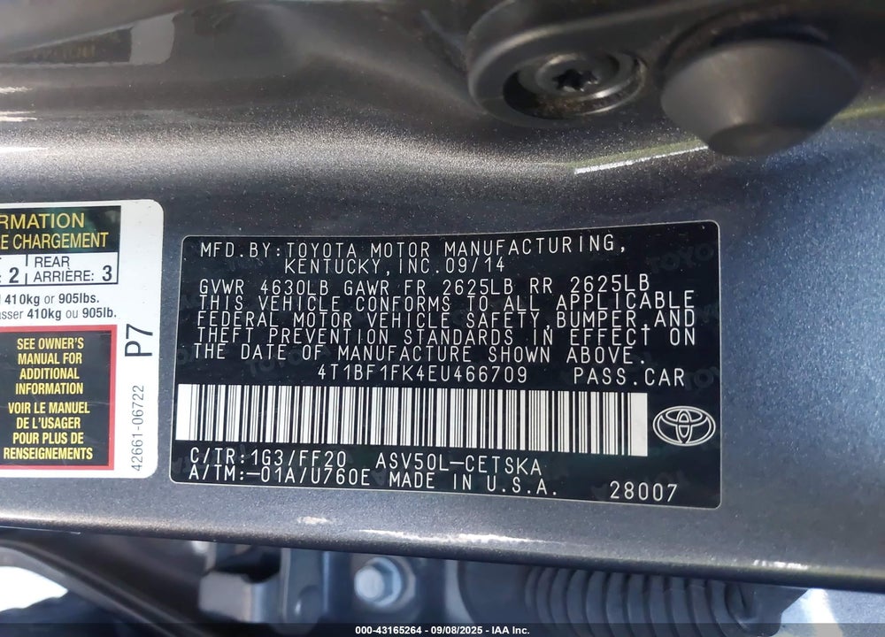 2014 TOYOTA CAMRY VIN: 4T1BF1FK4EU466709