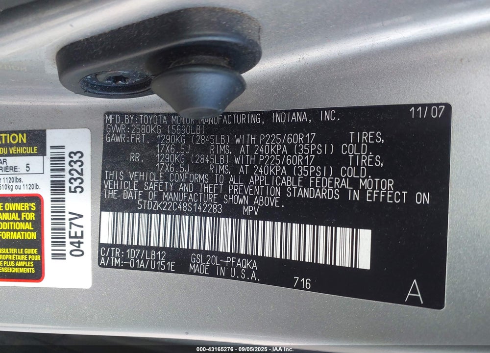 2008 TOYOTA SIENNA LIMITED VIN: 5TDZK22C48S142283