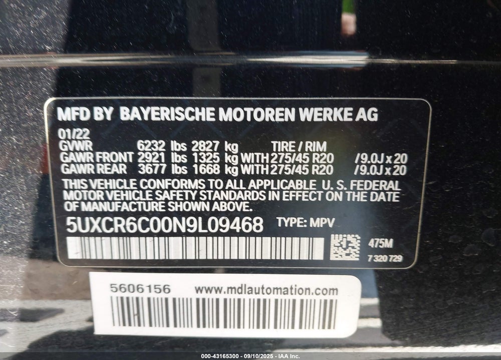 2022 BMW X5 XDRIVE40I VIN: 5UXCR6C00N9L09468