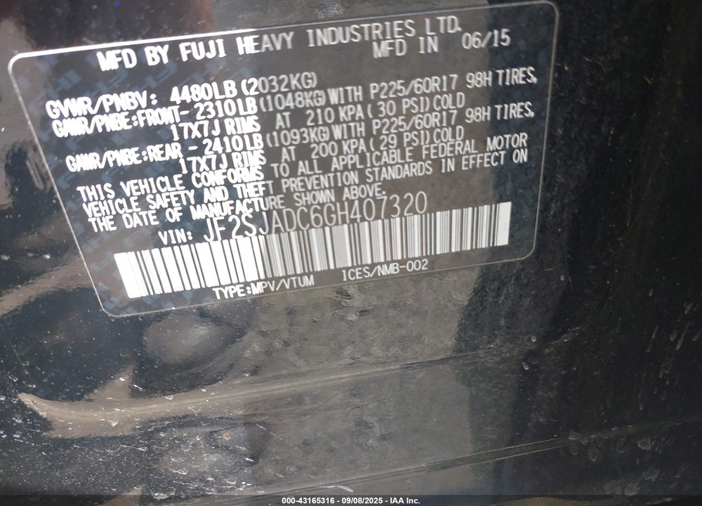 2016 SUBARU FORESTER VIN: JF2SJADC6GH407320