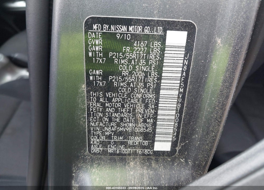 2011 NISSAN JUKE VIN: JN8AF5MV9BT008545