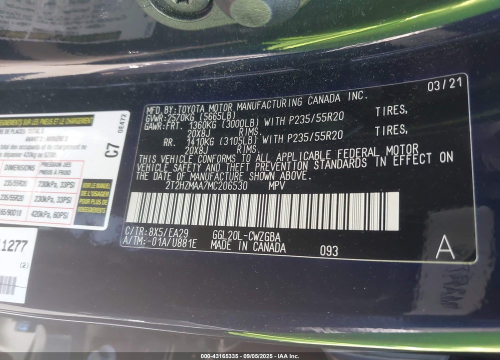 2021 LEXUS RX 350 VIN: 2T2HZMAA7MC206530