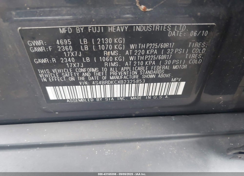 2011 SUBARU OUTBACK VIN: 4S4BRDKCXB2325853