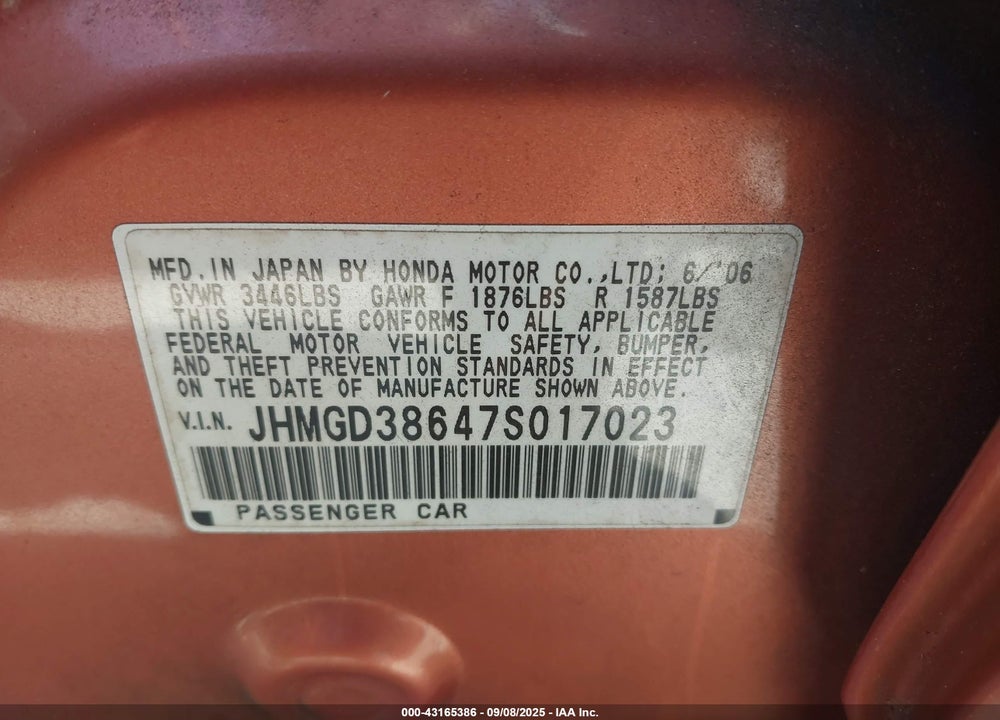 2007 HONDA FIT SPORT VIN: JHMGD38647S017023