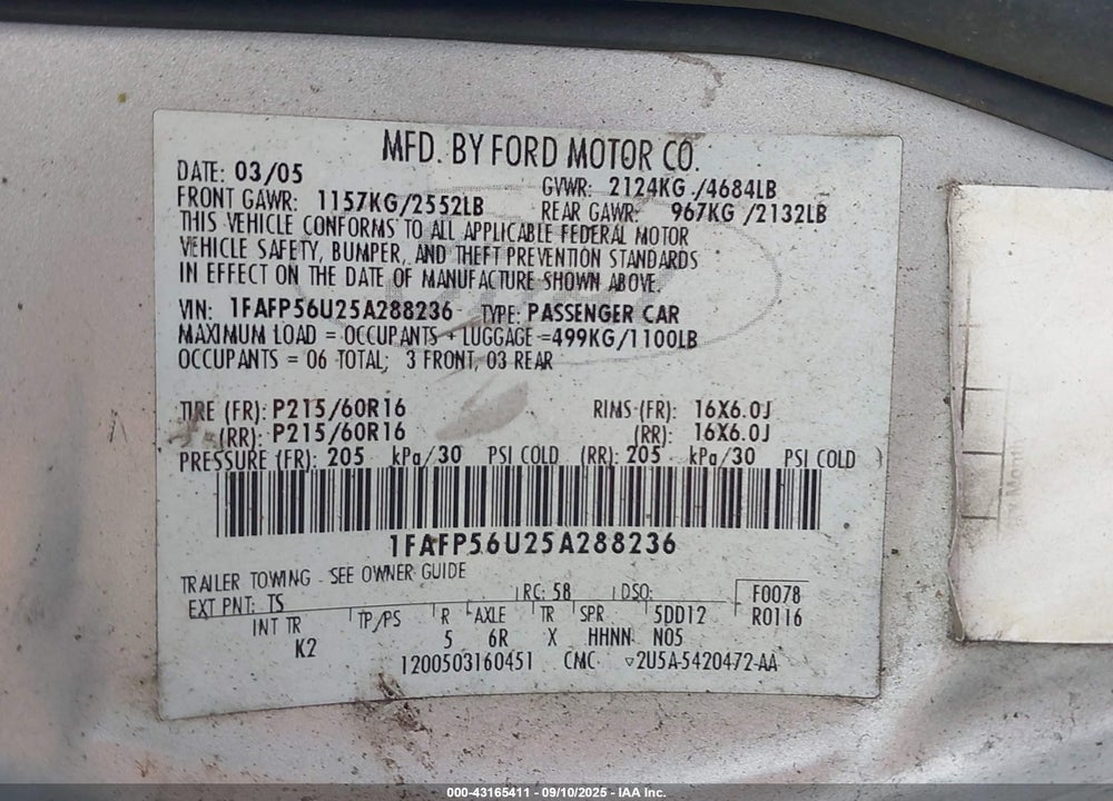 2005 FORD TAURUS SEL VIN: 1FAFP56U25A288236